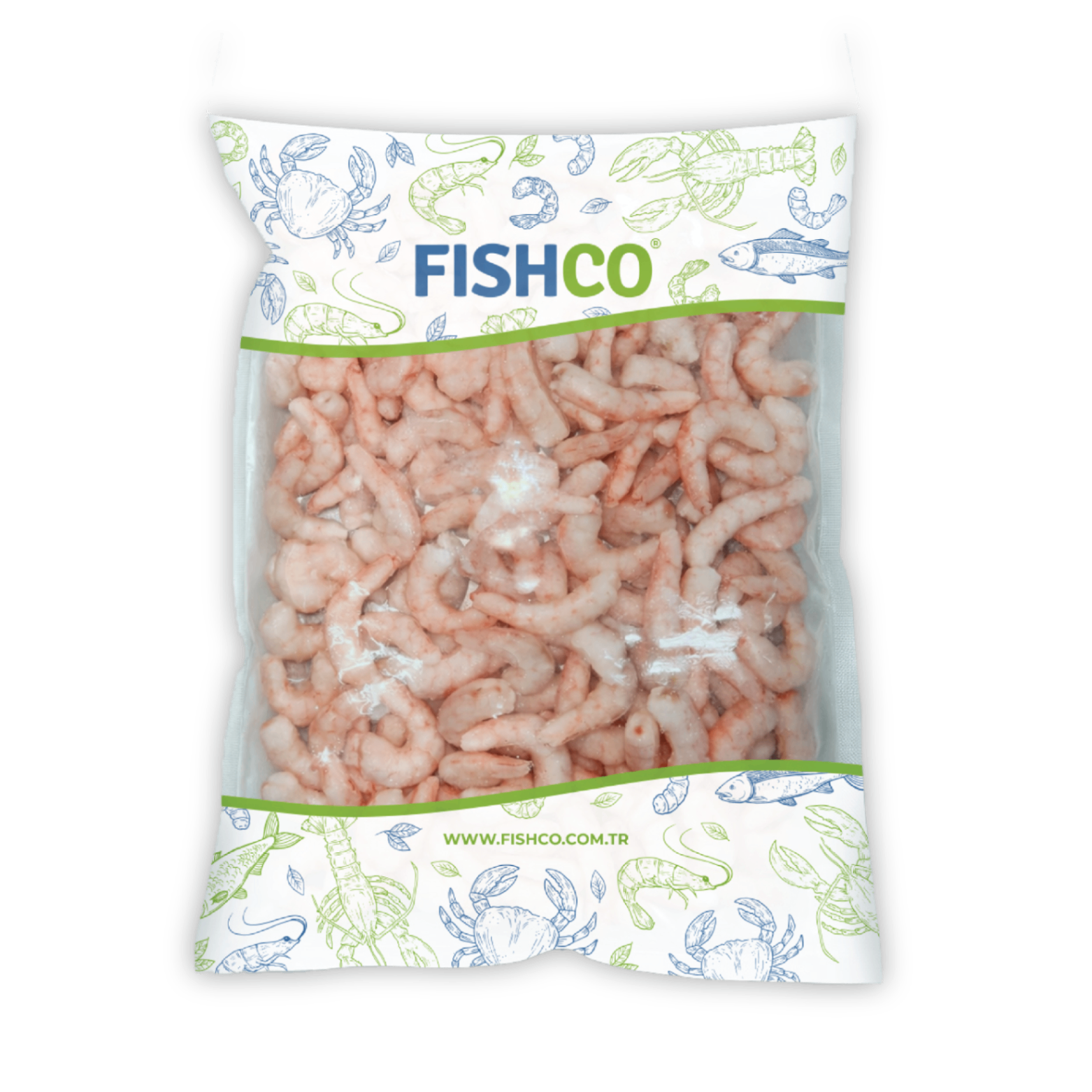 FISHCO bagged peeled shrimp tails.