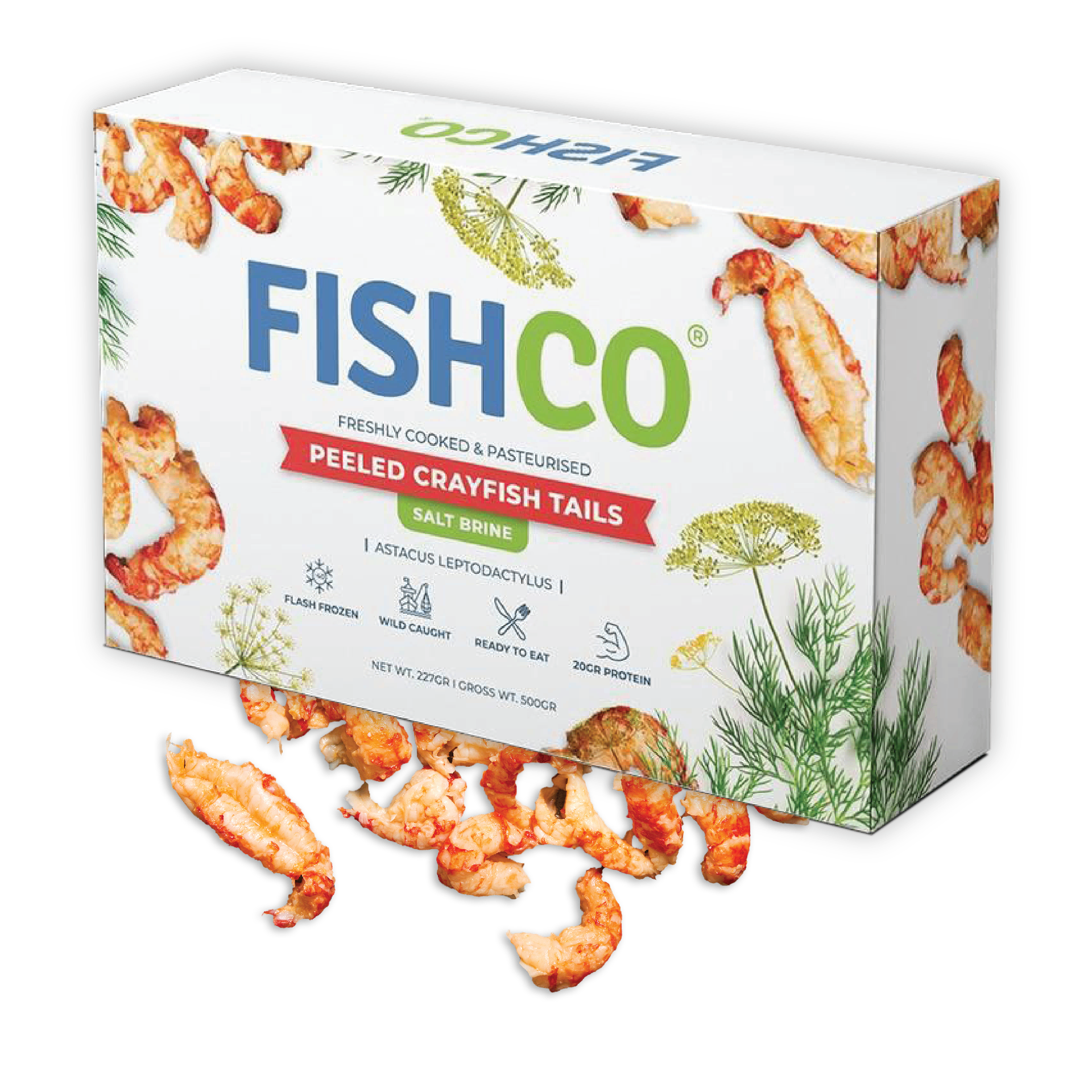 FISHCO peeled crayfish tails retail box, dill brine.