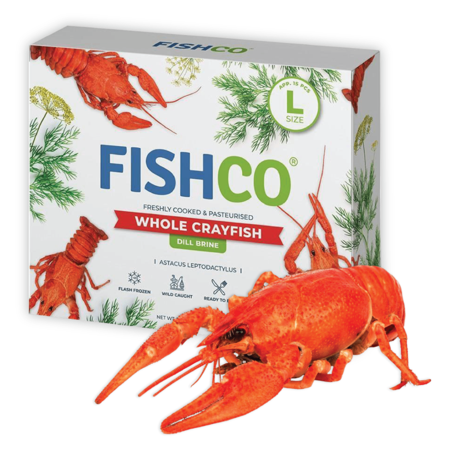 FISHCO whole crayfish retail box, dill brine, large.